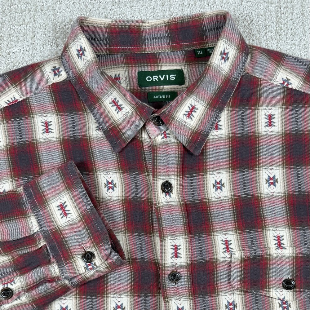 Orvis Men's XL Active Fit Red Plaid Aztec Flannel Long Sleeve Button Up Shirt